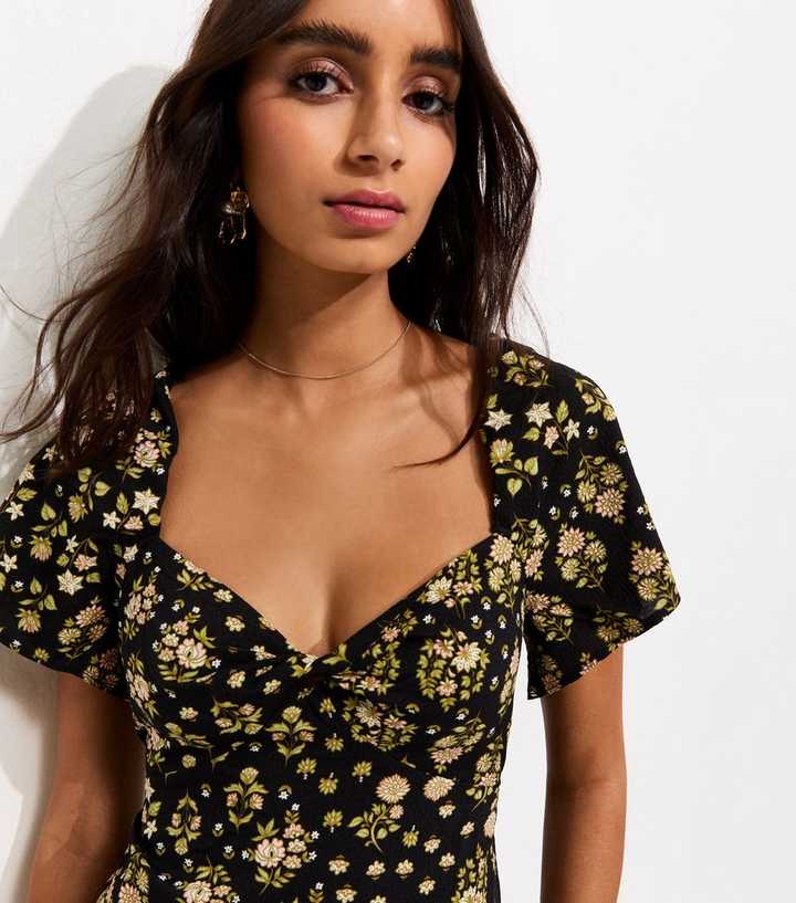 Black Floral Sweetheart Neck Midi Dress