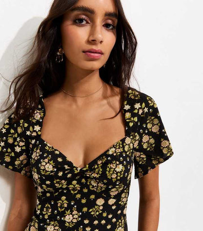 Black Floral Sweetheart Neck Midi Dress