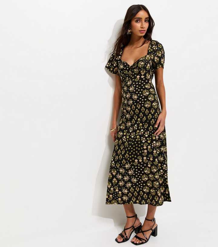 Black Floral Sweetheart Neck Midi Dress