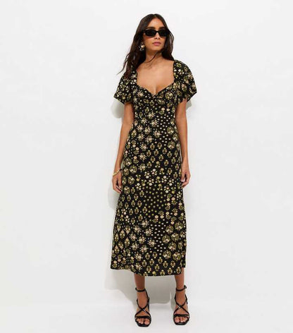 Black Floral Sweetheart Neck Midi Dress