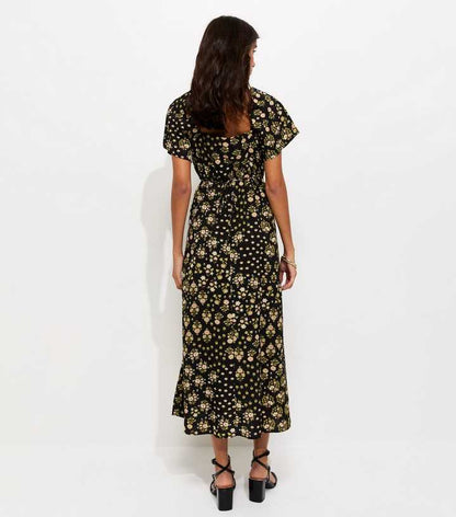 Black Floral Sweetheart Neck Midi Dress