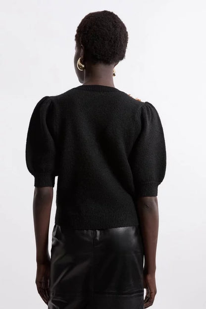 Flower And Beaded Puff Sleeve Knit Tee