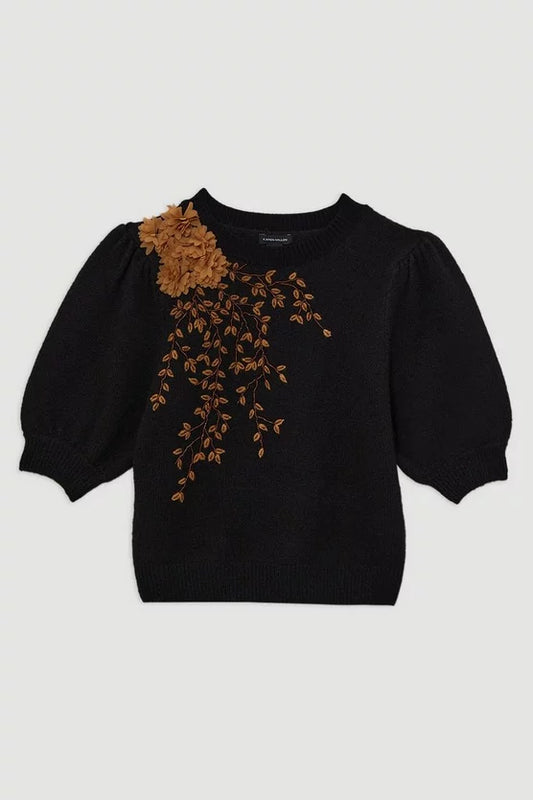 Flower And Beaded Puff Sleeve Knit Tee