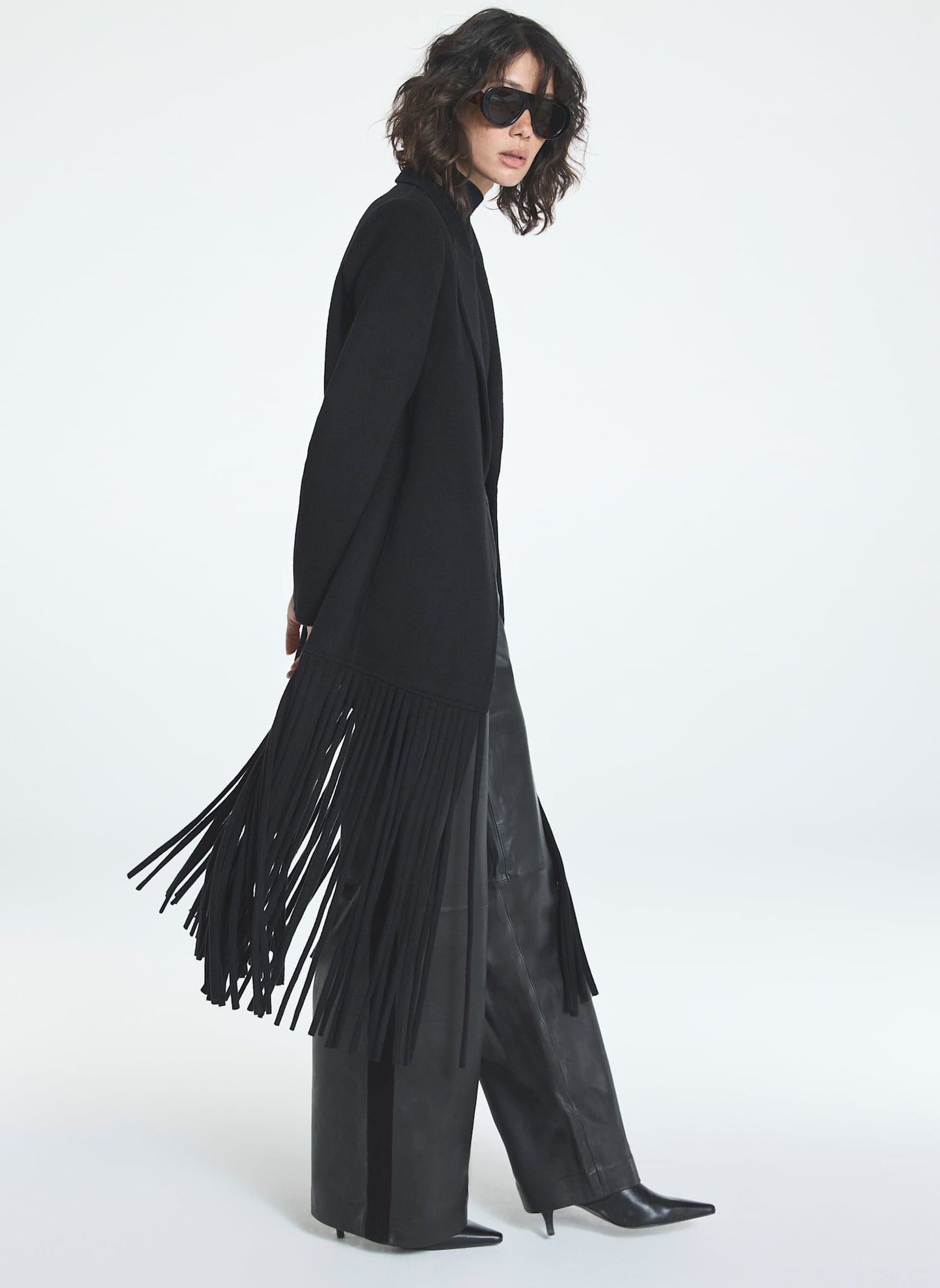 Black Wool Blend Fringed Maxi Coat