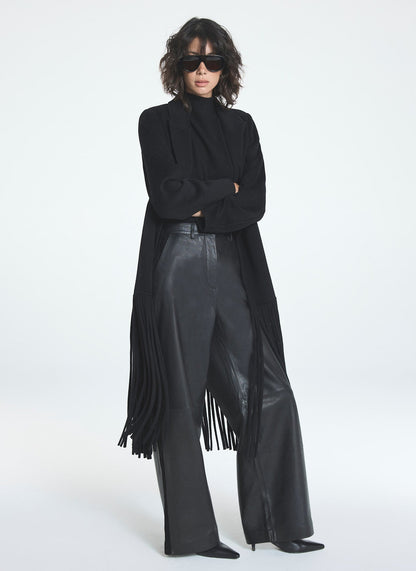 Black Wool Blend Fringed Maxi Coat