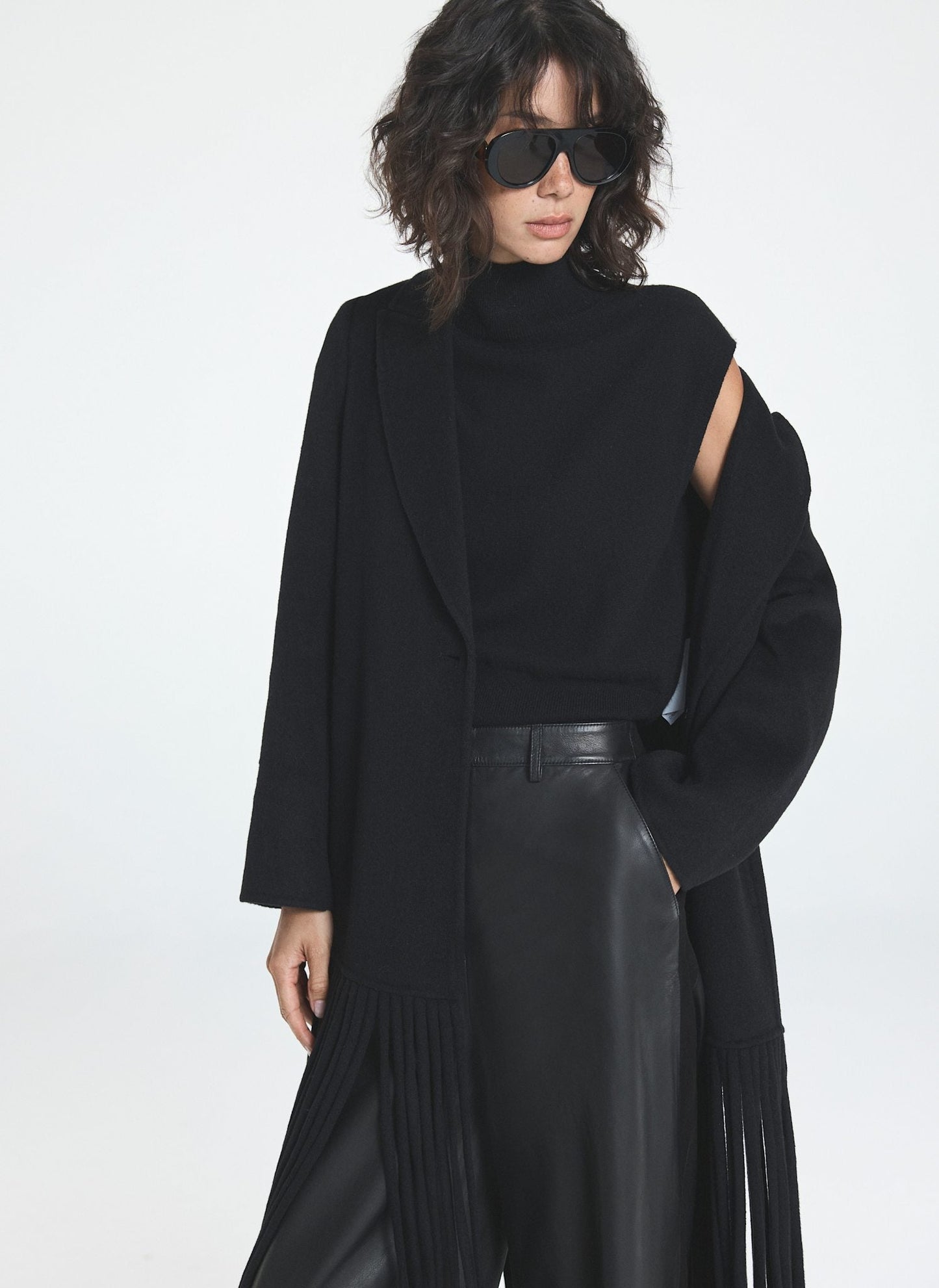 Black Wool Blend Fringed Maxi Coat