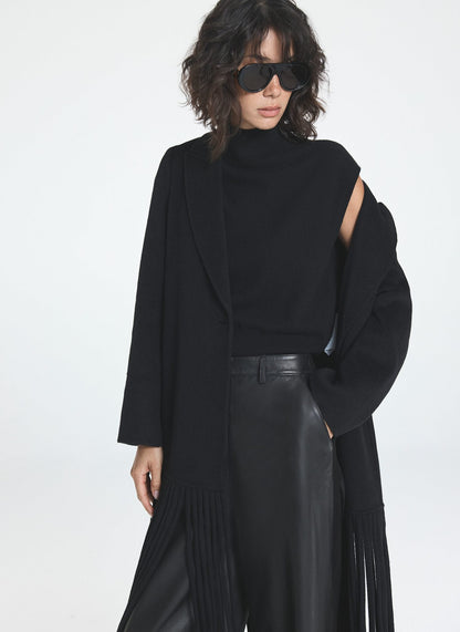 Black Wool Blend Fringed Maxi Coat