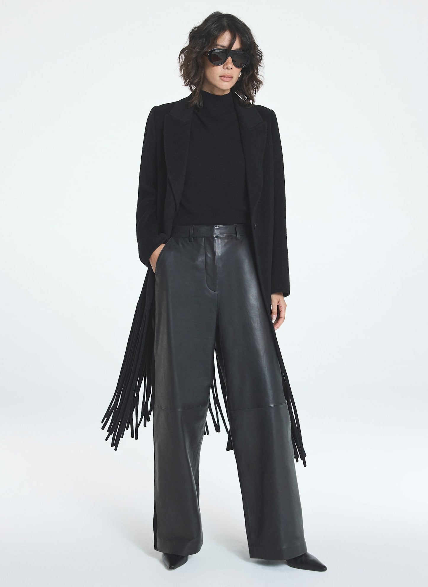 Black Wool Blend Fringed Maxi Coat