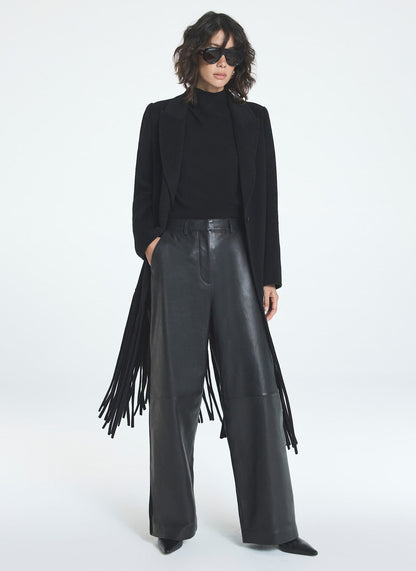 Black Wool Blend Fringed Maxi Coat