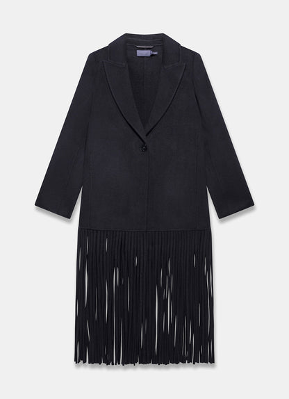 Black Wool Blend Fringed Maxi Coat