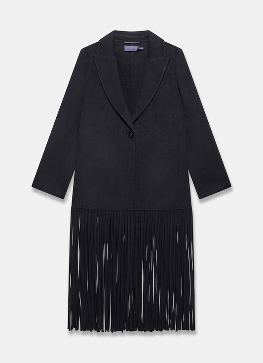 Black Wool Blend Fringed Maxi Coat
