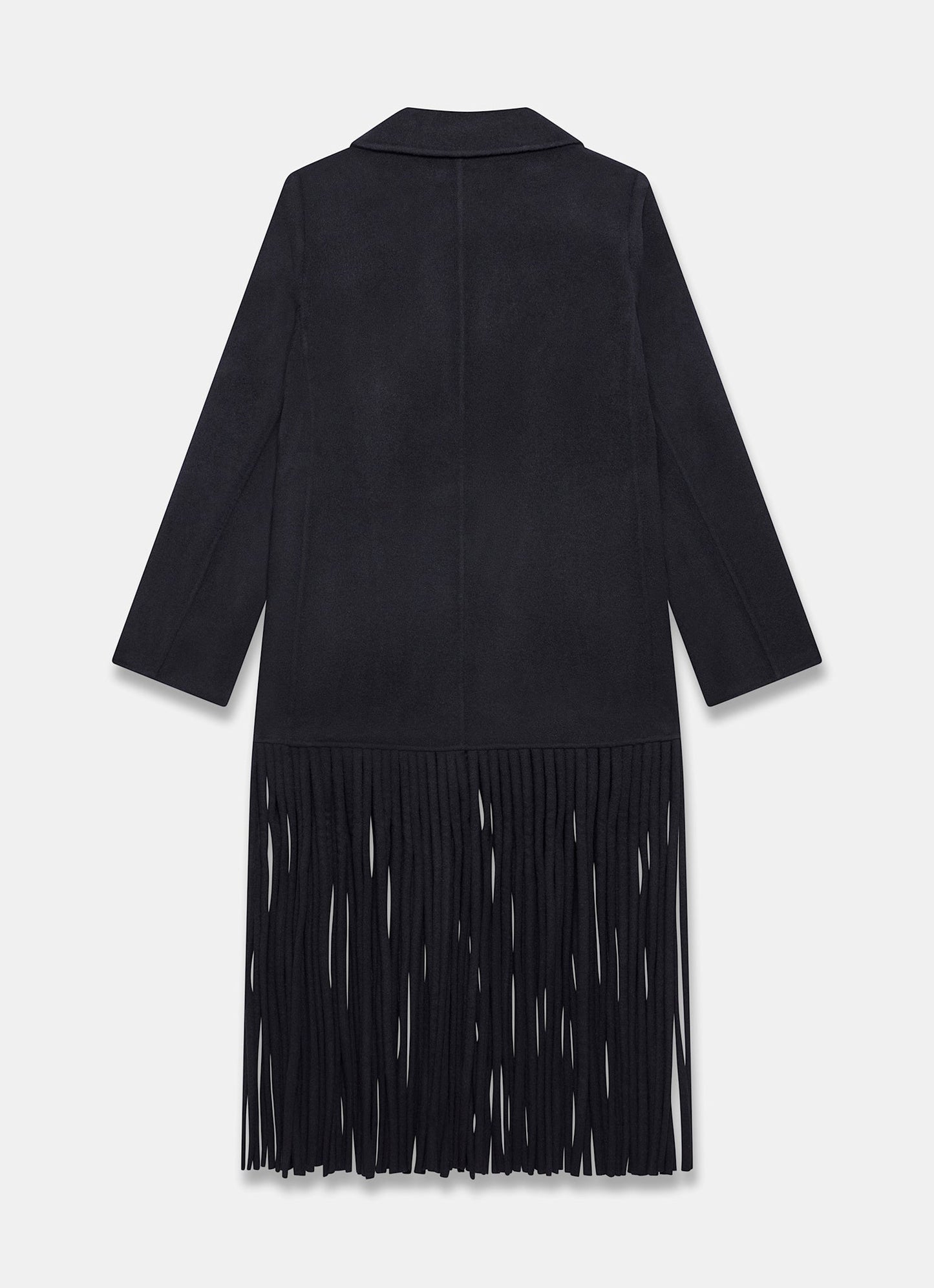 Black Wool Blend Fringed Maxi Coat