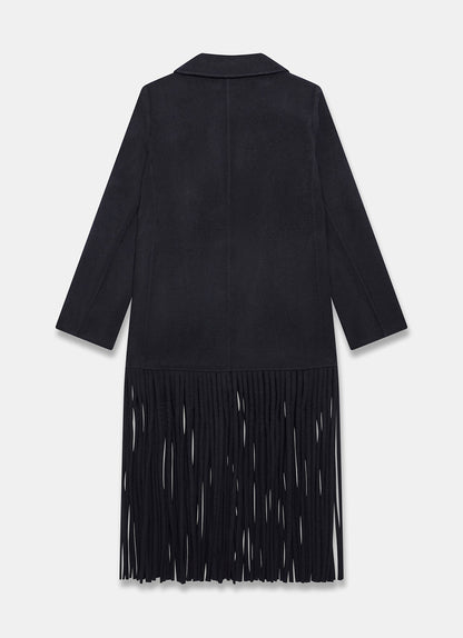 Black Wool Blend Fringed Maxi Coat