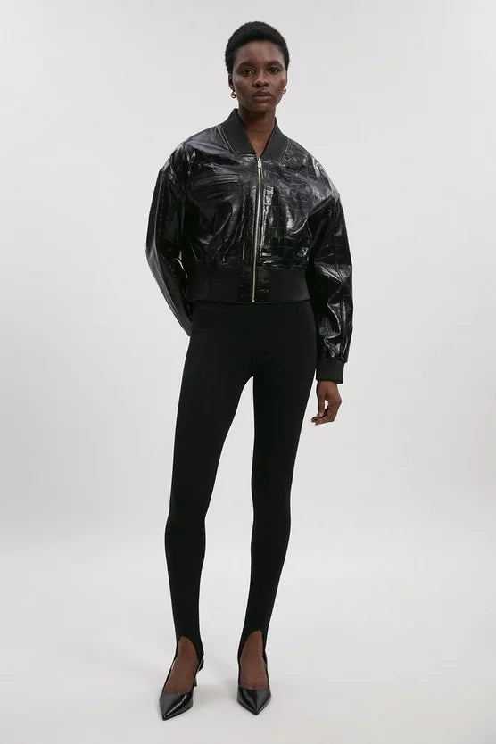 High Shine Croc Embossed Leather Bomber Jacket