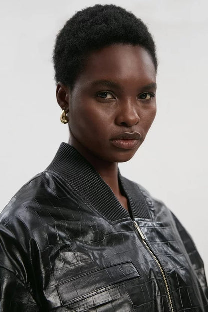 High Shine Croc Embossed Leather Bomber Jacket