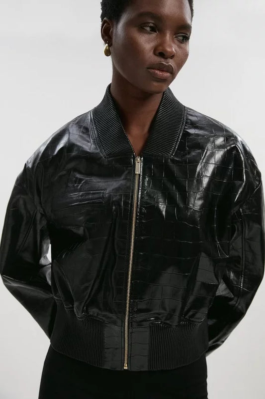 High Shine Croc Embossed Leather Bomber Jacket