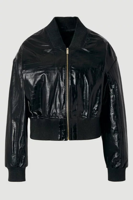 High Shine Croc Embossed Leather Bomber Jacket
