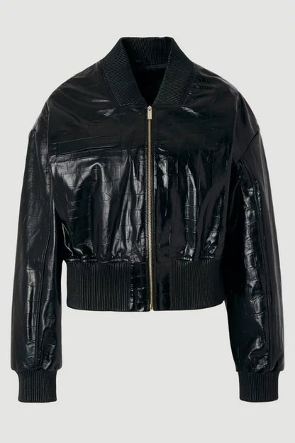 High Shine Croc Embossed Leather Bomber Jacket
