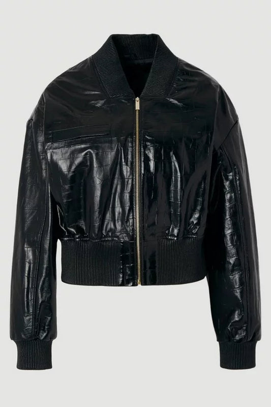 High Shine Croc Embossed Leather Bomber Jacket