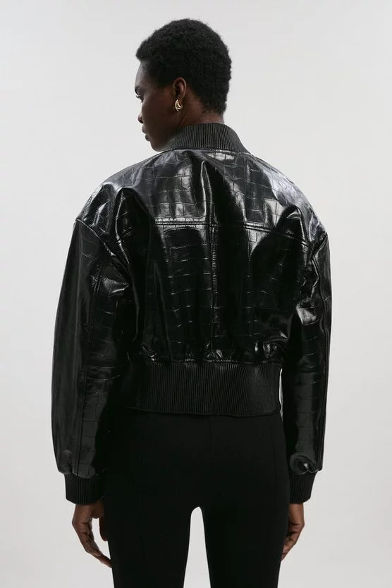 High Shine Croc Embossed Leather Bomber Jacket