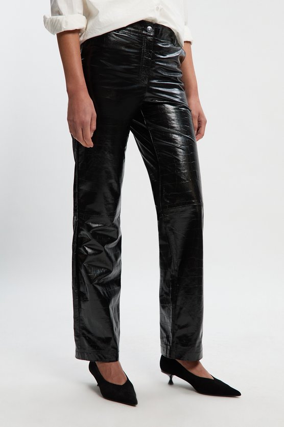High Shine Croc Embossed Leather Straight Trouser