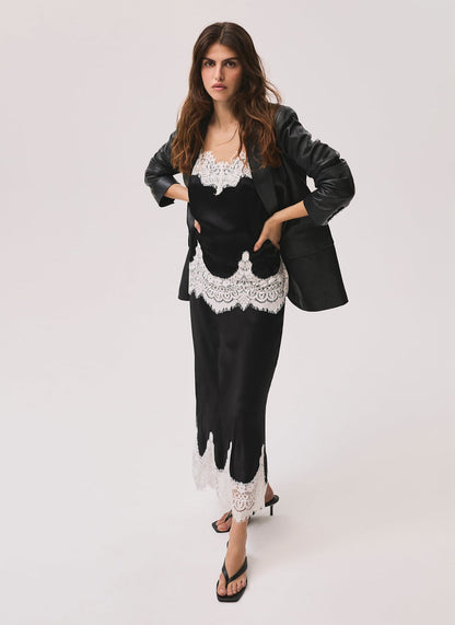 Black Satin Lace Midi Skirt