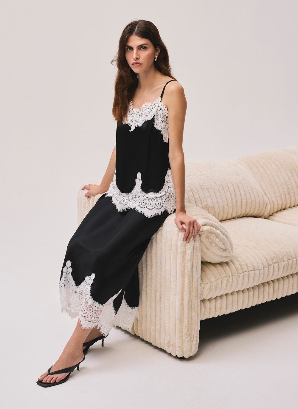 Black Satin Lace Midi Skirt