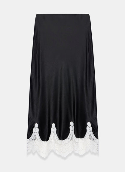 Black Satin Lace Midi Skirt