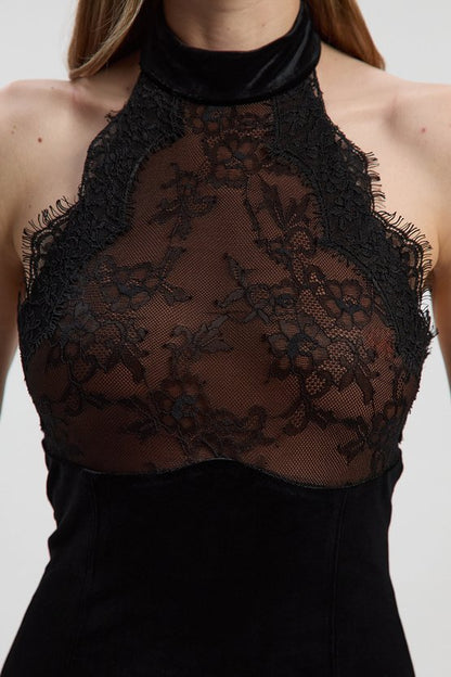 Lace With Velvet Detail Halter Neck Maxi Dress