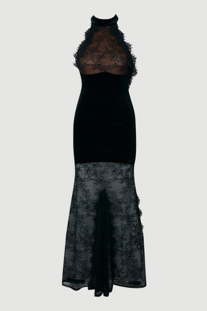 Lace With Velvet Detail Halter Neck Maxi Dress