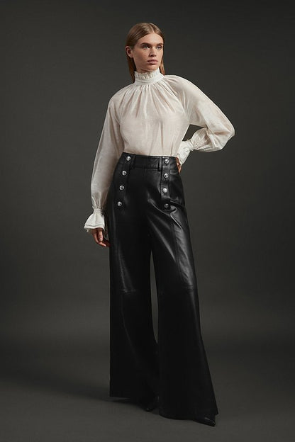Leather Military Button Wide Leg Trouser