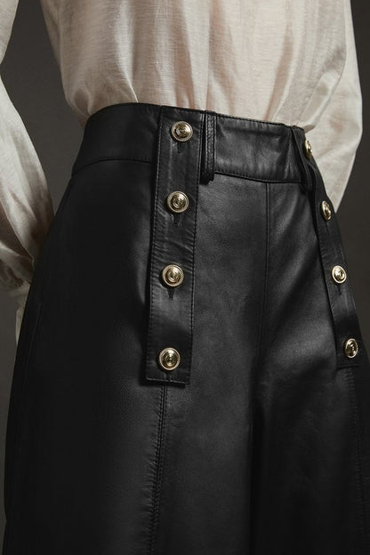 Leather Military Button Wide Leg Trouser