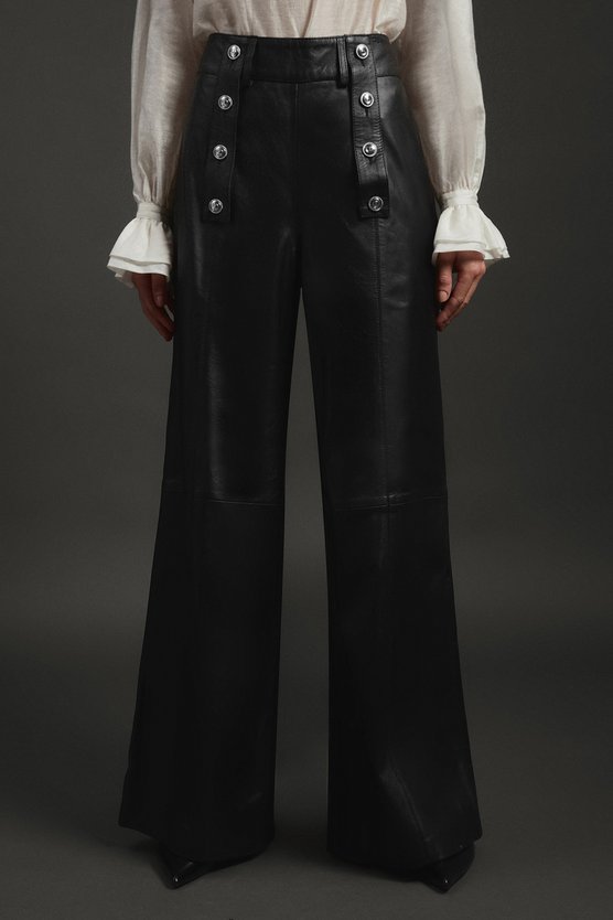 Leather Military Button Wide Leg Trouser