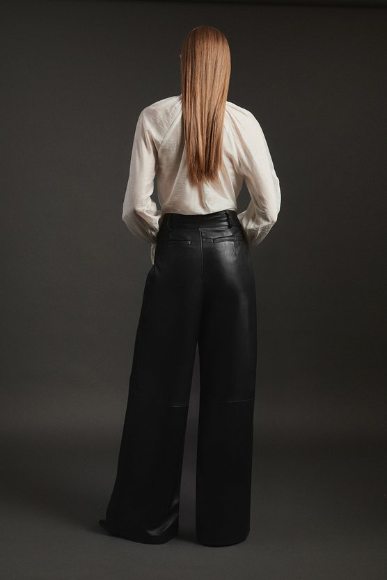 Leather Military Button Wide Leg Trouser