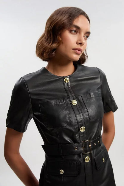 Leather Pocket Belted Mini Dress
