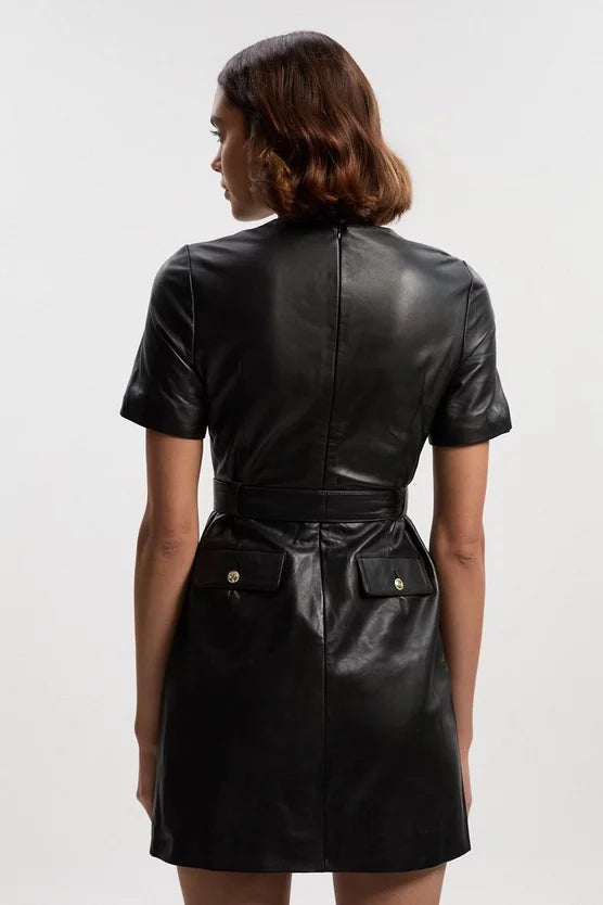 Leather Pocket Belted Mini Dress