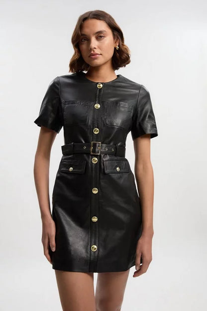 Leather Pocket Belted Mini Dress