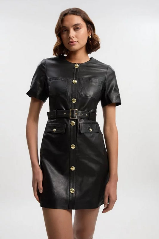 Leather Pocket Belted Mini Dress