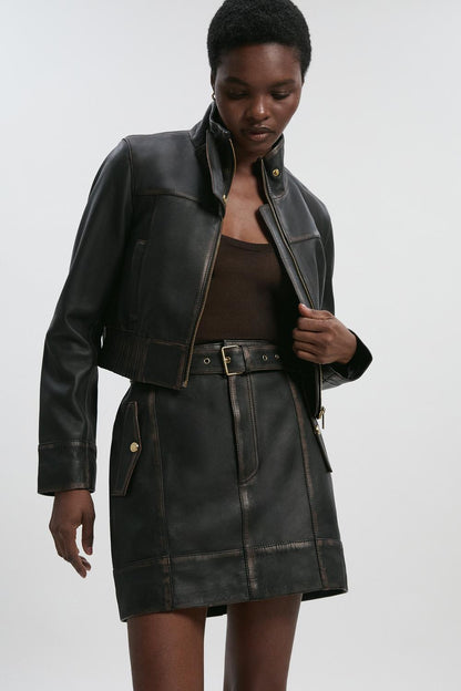 Leather Washed Belted Mini Skirt