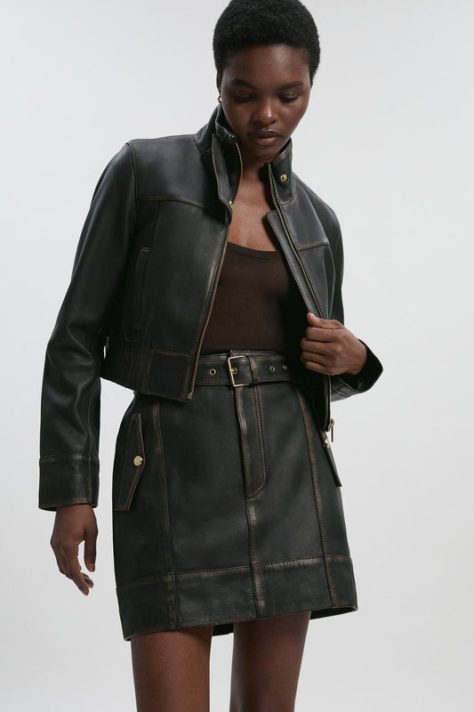 Leather Washed Belted Mini Skirt