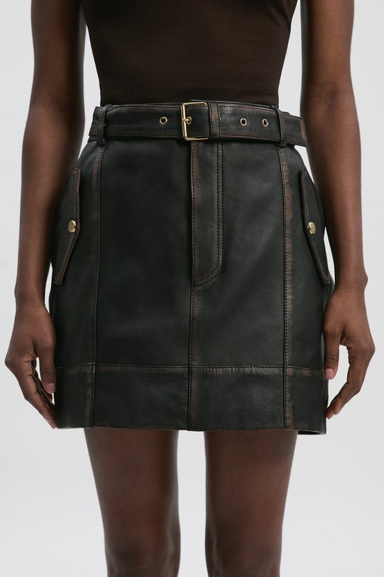 Leather Washed Belted Mini Skirt