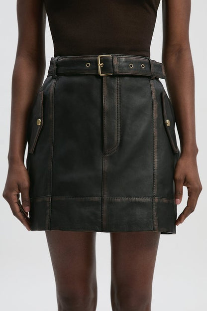 Leather Washed Belted Mini Skirt
