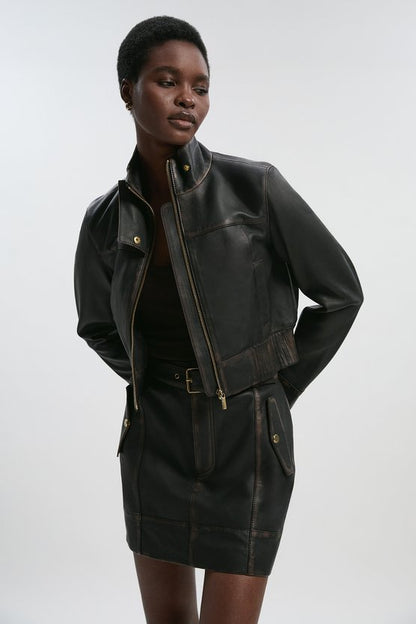 Leather Washed High Neck Zip Through Jacket