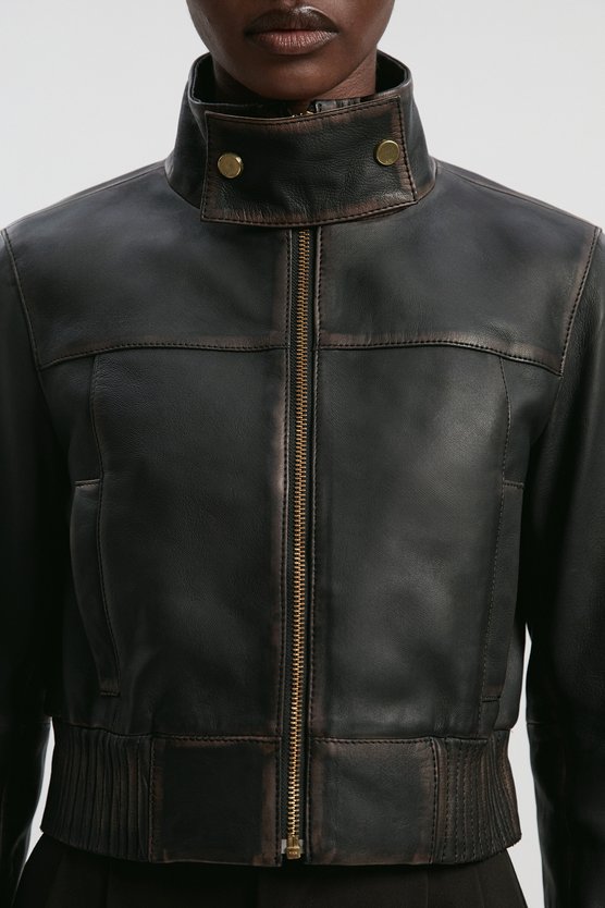 Leather Washed High Neck Zip Through Jacket