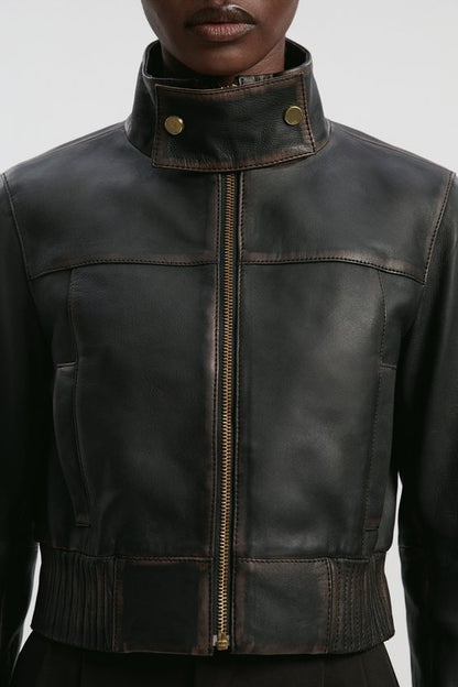 Leather Washed High Neck Zip Through Jacket
