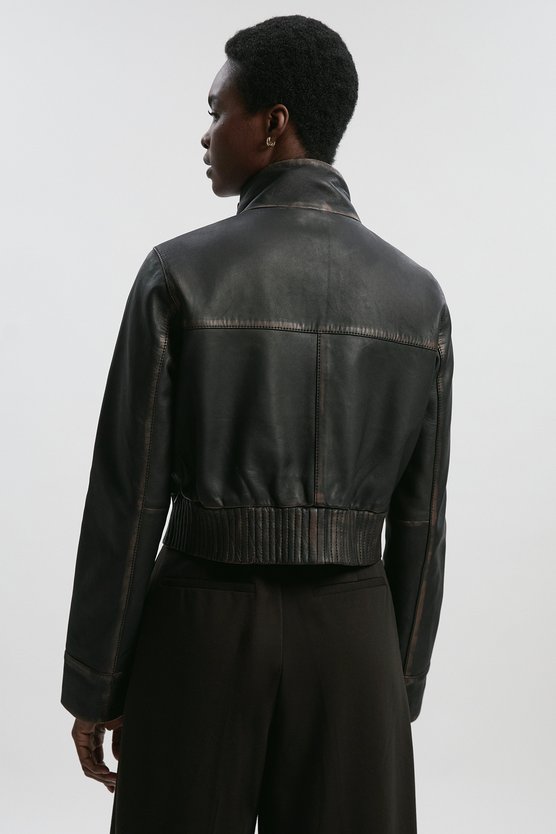 Leather Washed High Neck Zip Through Jacket