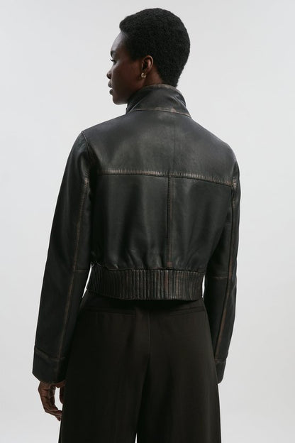 Leather Washed High Neck Zip Through Jacket