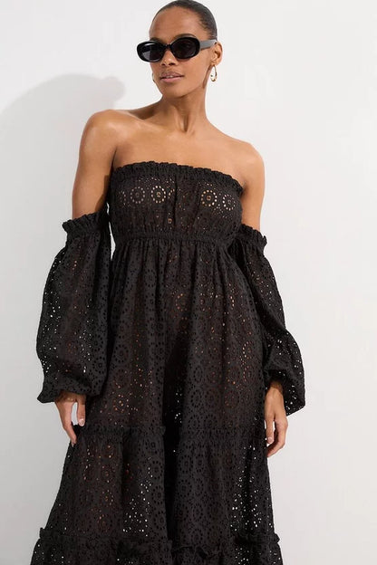 Off Shoulder Broderie Maxi Beach Woven Dress