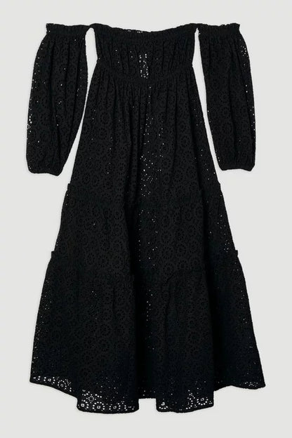 Off Shoulder Broderie Maxi Beach Woven Dress