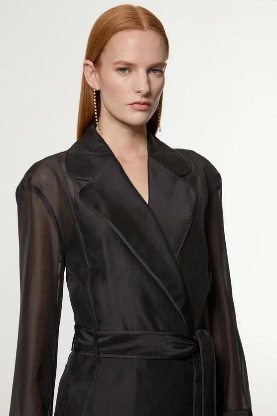 Organza And Satin Mix Tailored Sheer Trench Midi Coat